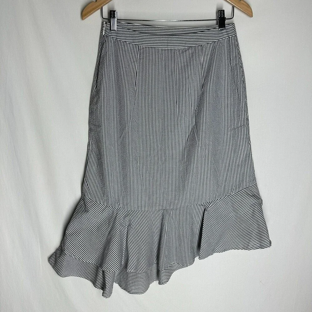 BANANA REPUBLIC 2 Pc Pullover Puff Sleeve Shirt Ruffle Skirt Size XS Gray Stripe